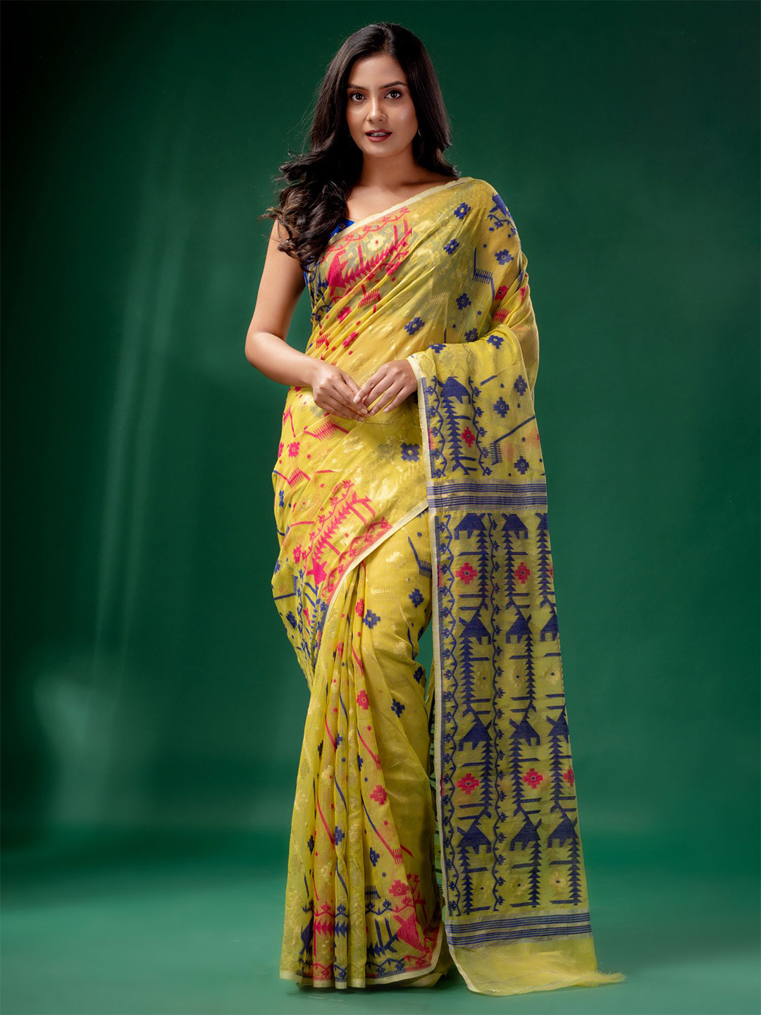 

Charukriti Women Yellow & Red Woven Design Silk Cotton Jamdani Saree