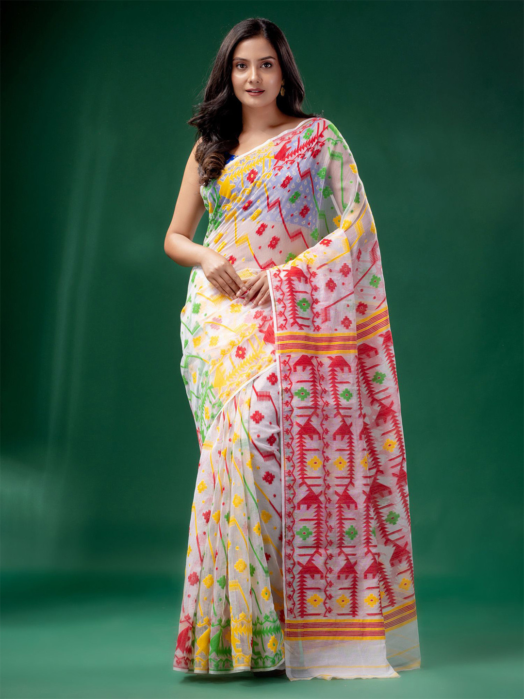 

Charukriti White & Red Silk Cotton Jamdani Saree