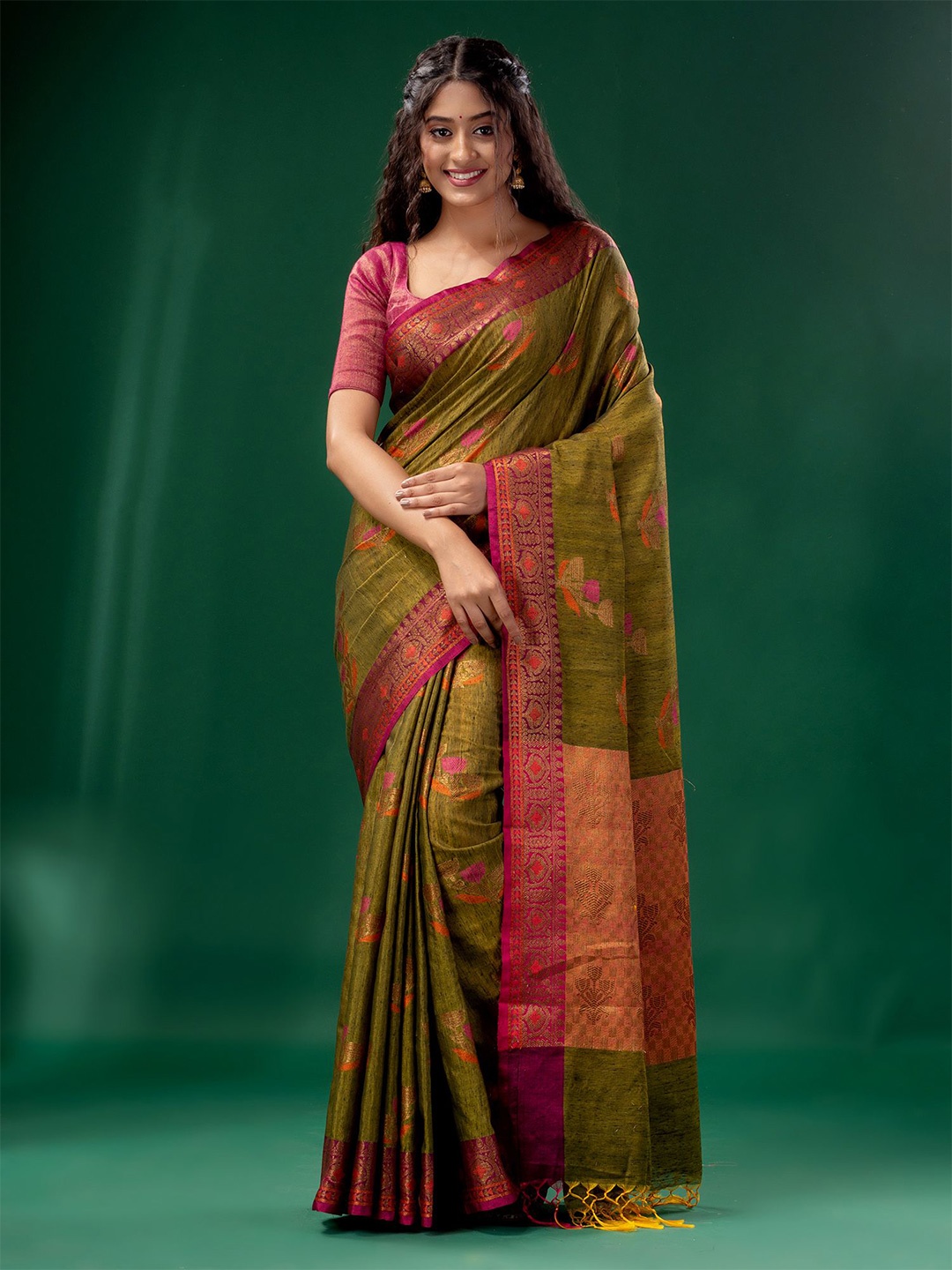 

Charukriti Women Green & Pink Woven Design Zari Pure Silk Tussar Saree