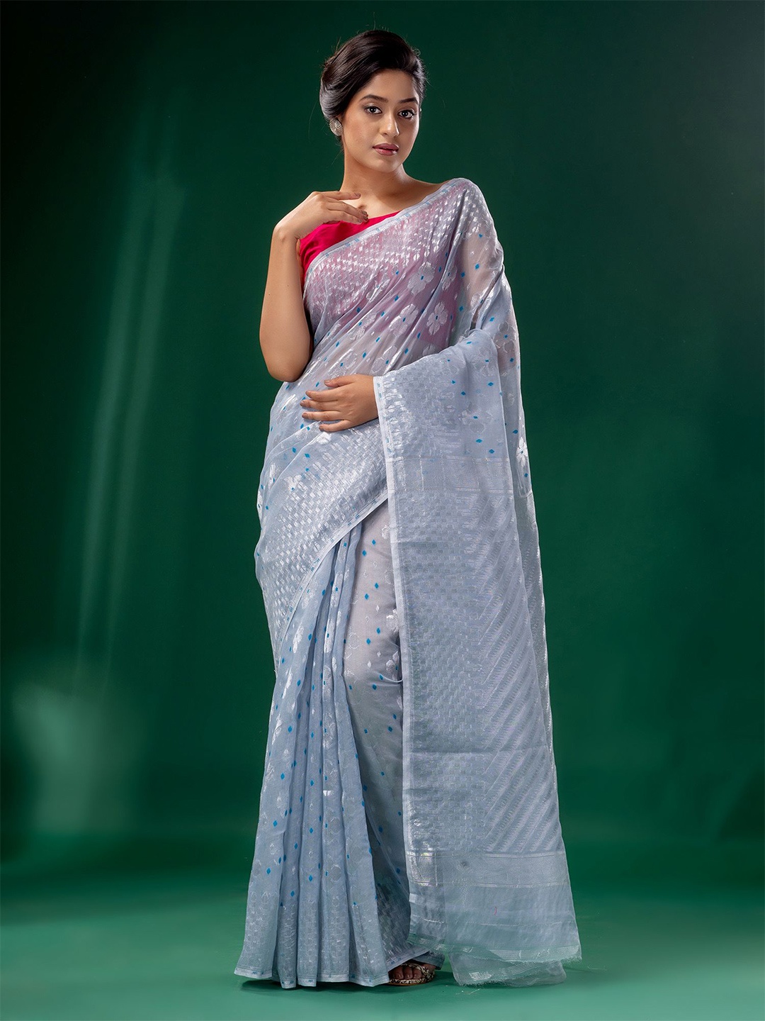 

Charukriti Steel Floral Zari Silk Cotton Jamdani Saree