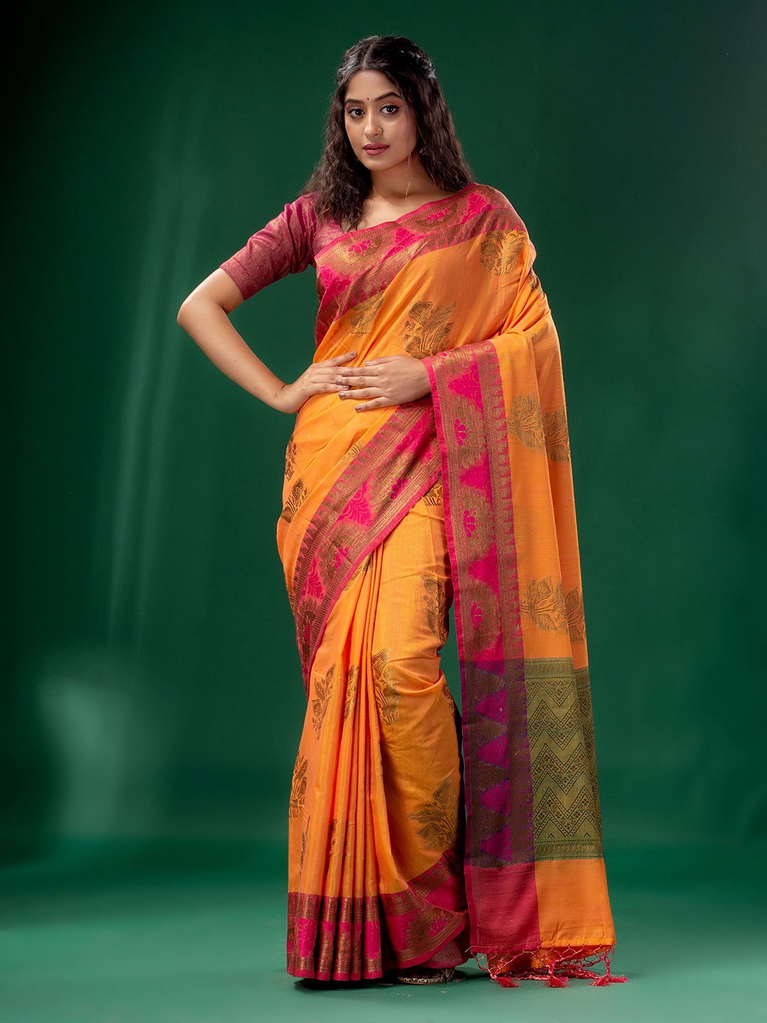 

Charukriti Orange & Gold-Toned Ethnic Motifs Zari Pure Silk Tussar Saree