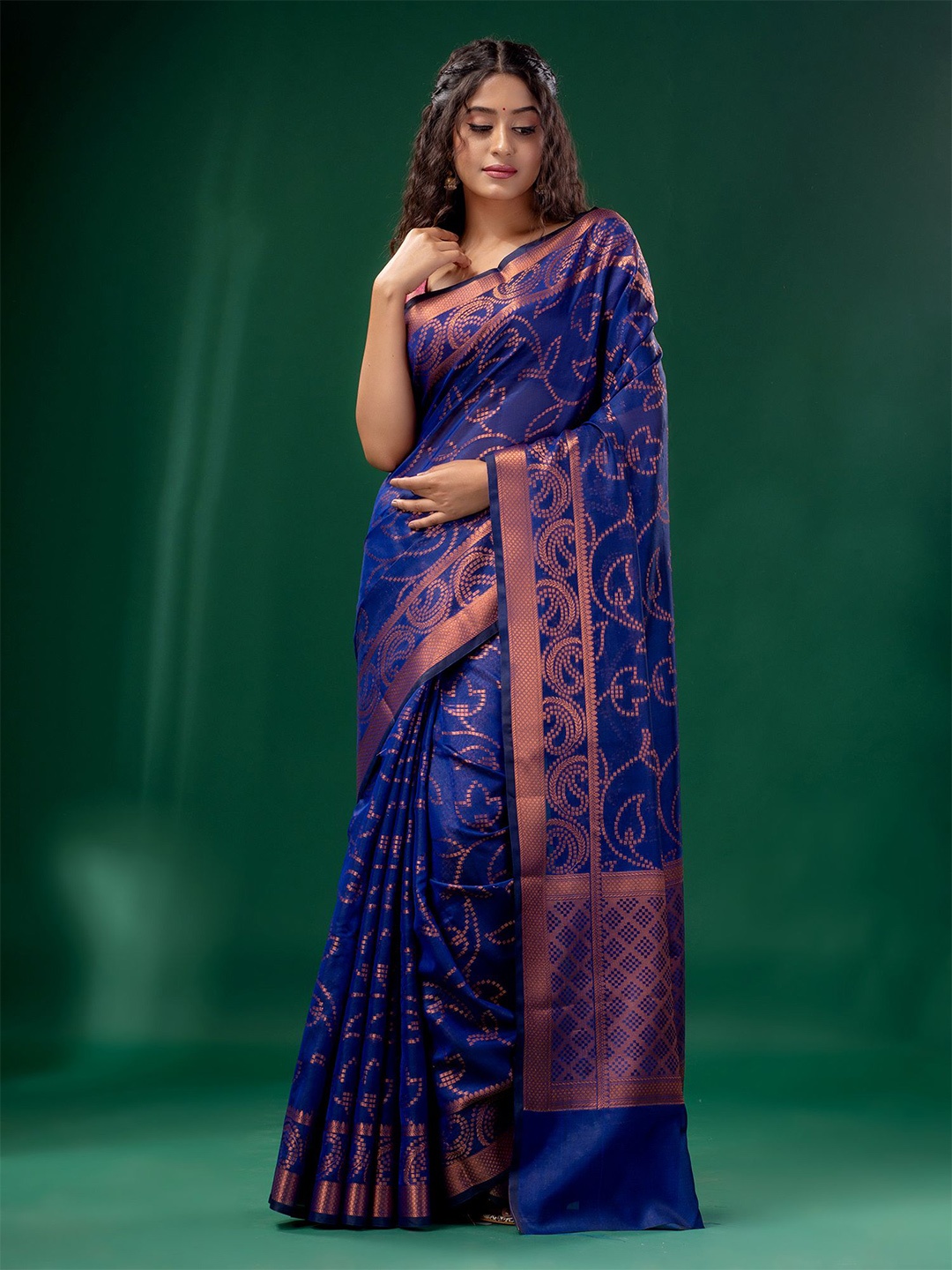 

Charukriti Blue & Gold-Toned Ethnic Motifs Zari Silk Cotton Saree