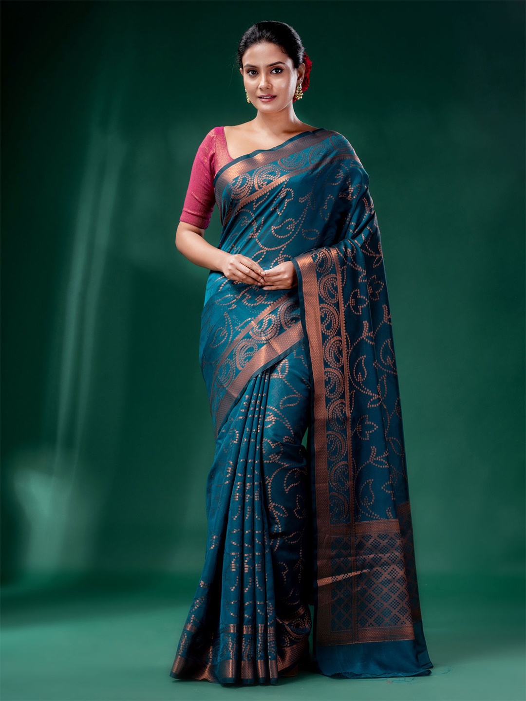 

Charukriti Teal & Copper-Toned Floral Zari Silk Cotton Saree