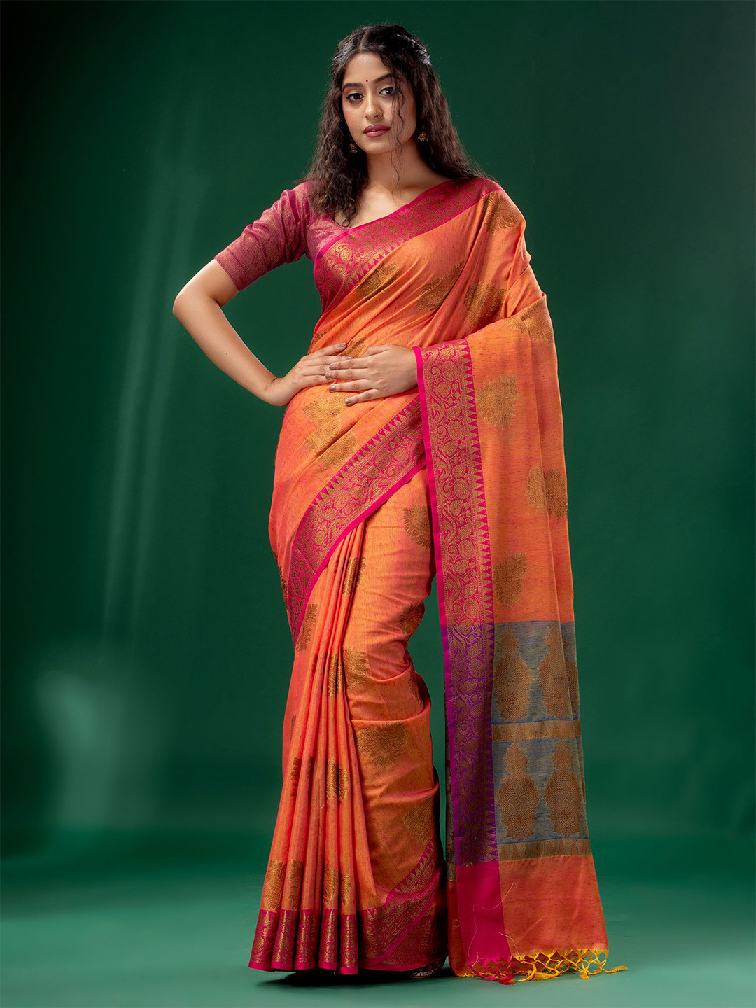 

Charukriti Pink & Orange Woven Design Zari Pure Silk Tussar Saree