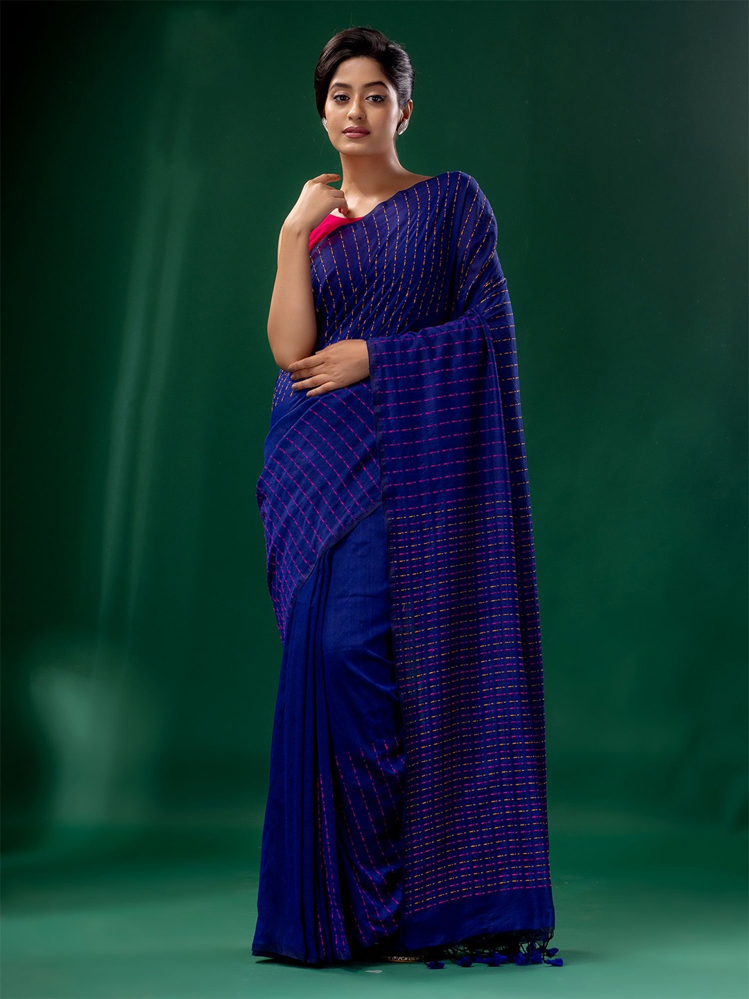 

Charukriti Women Blue & Pink Striped Pure Cotton Saree