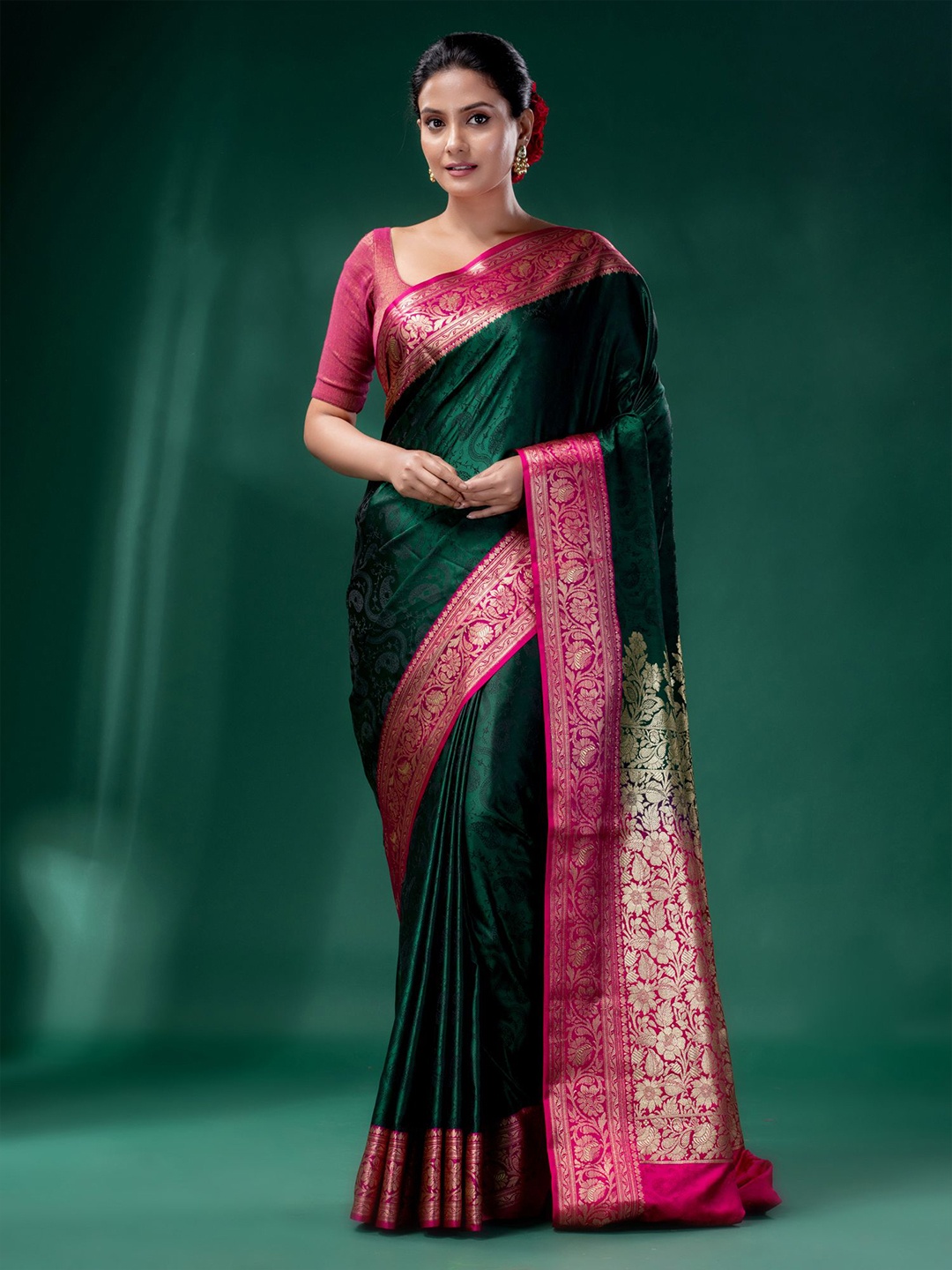 

Charukriti Green & Pink Woven Design Zari Pure Silk Saree