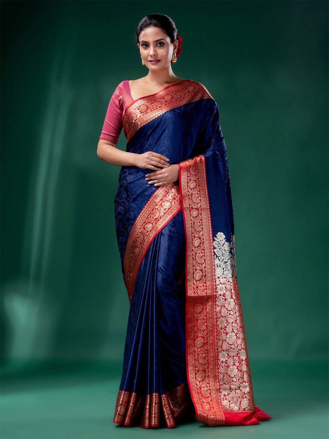 

Charukriti Blue & Orange Woven Design Zari Pure Silk Saree
