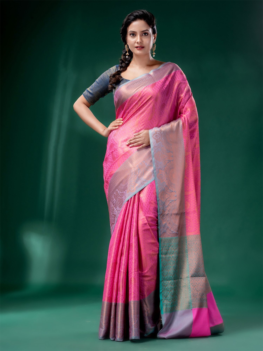 

Charukriti Pink & Blue Ethnic Motifs Zari Brocade Saree