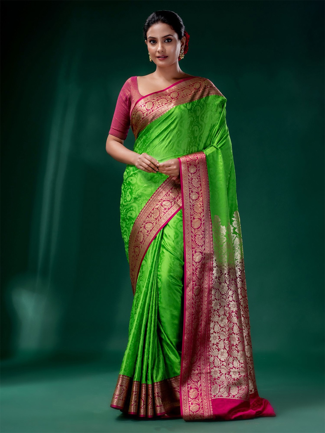 

Charukriti Women Green & Pink Woven Design Zari Pure Silk Saree