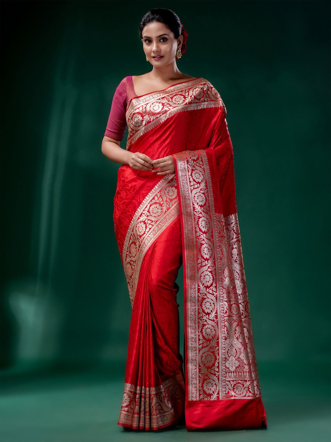 

Charukriti Red & Silver-Toned Woven Design Zari Pure Silk Saree