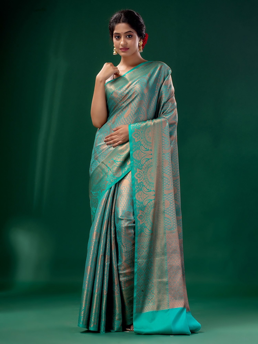 

Charukriti Blue & Gold-Toned Woven Design Brocade Saree