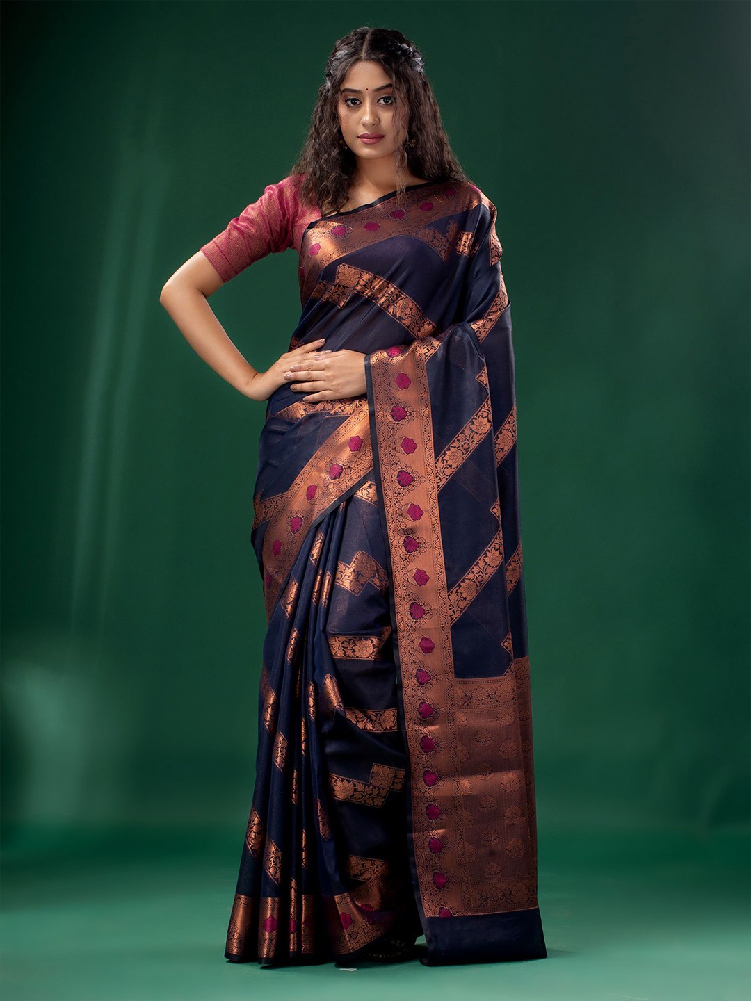 

Charukriti Blue & Gold-Toned Woven Design Zari Silk Cotton Saree