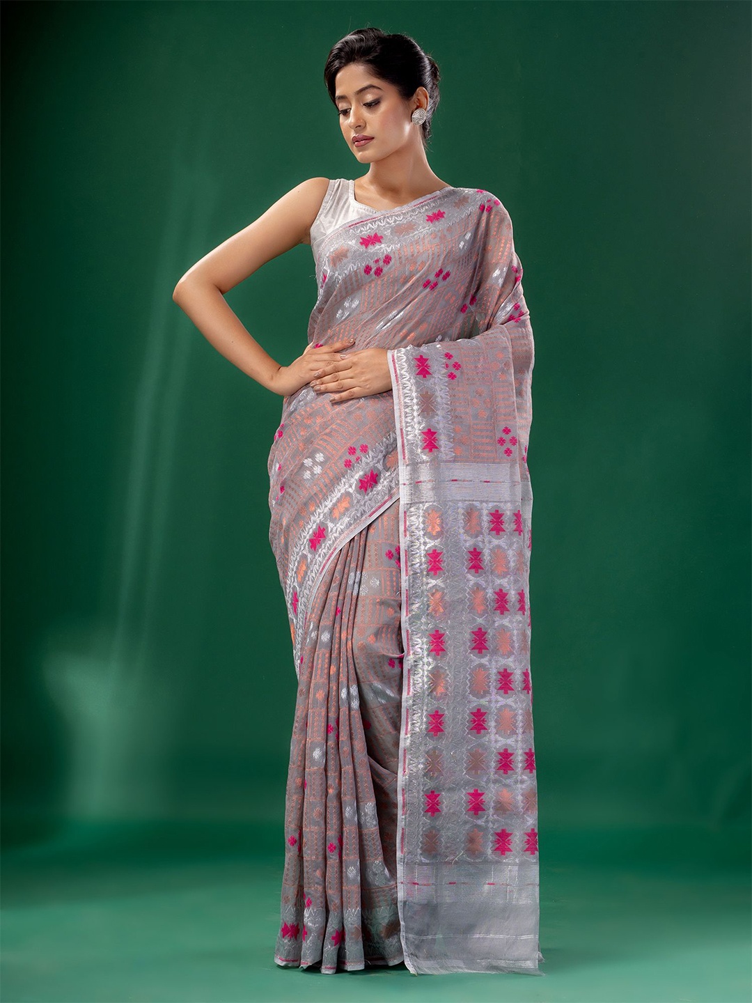 

Charukriti Steel & Silver-Toned Woven Design Zari Silk Cotton Jamdani Saree