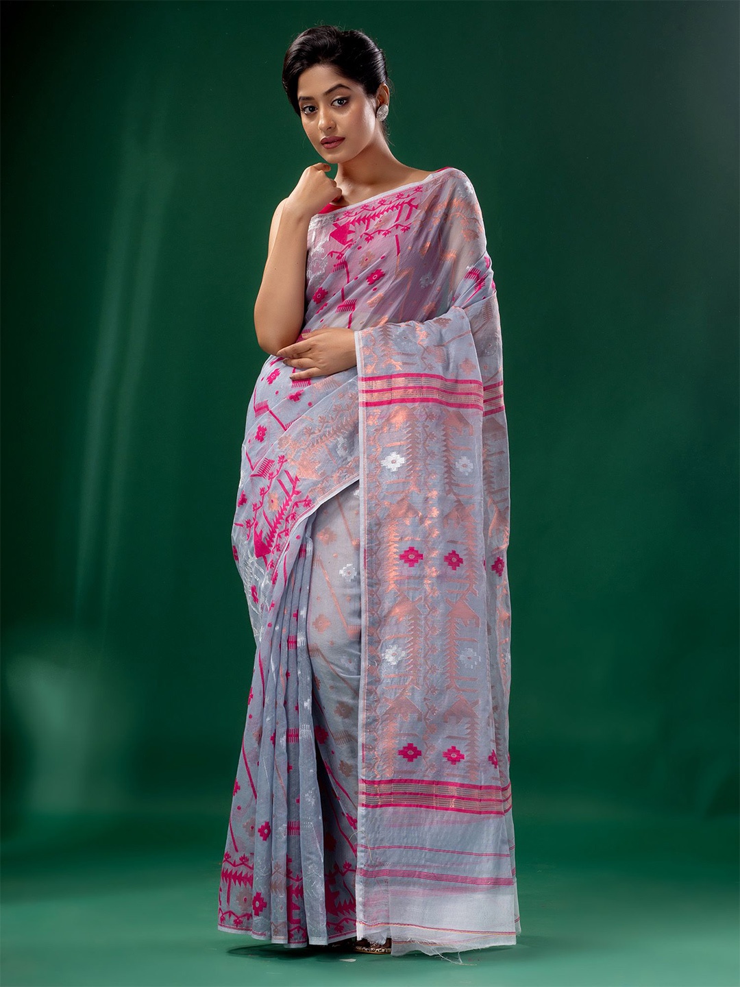 

Charukriti Grey & Pink Woven Design Zari Silk Cotton Jamdani Saree