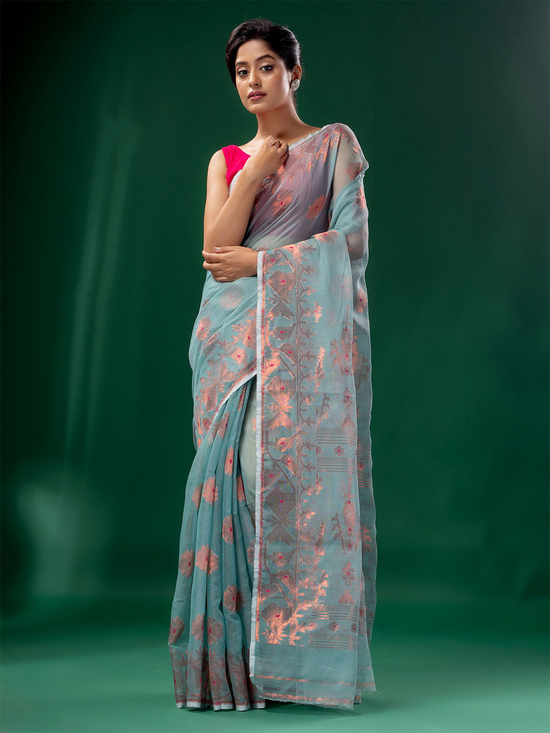 

Charukriti Blue & Pink Woven Design Zari Silk Cotton Jamdani Saree