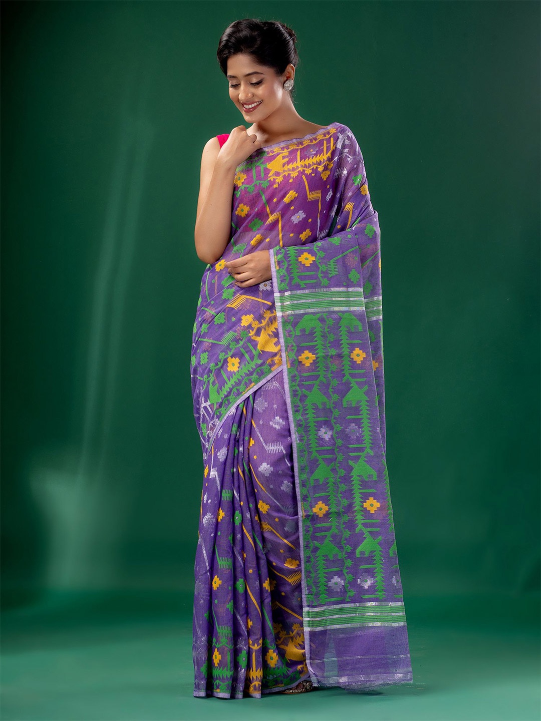 

Charukriti Purple & Green Woven Design Zari Silk Cotton Jamdani Saree