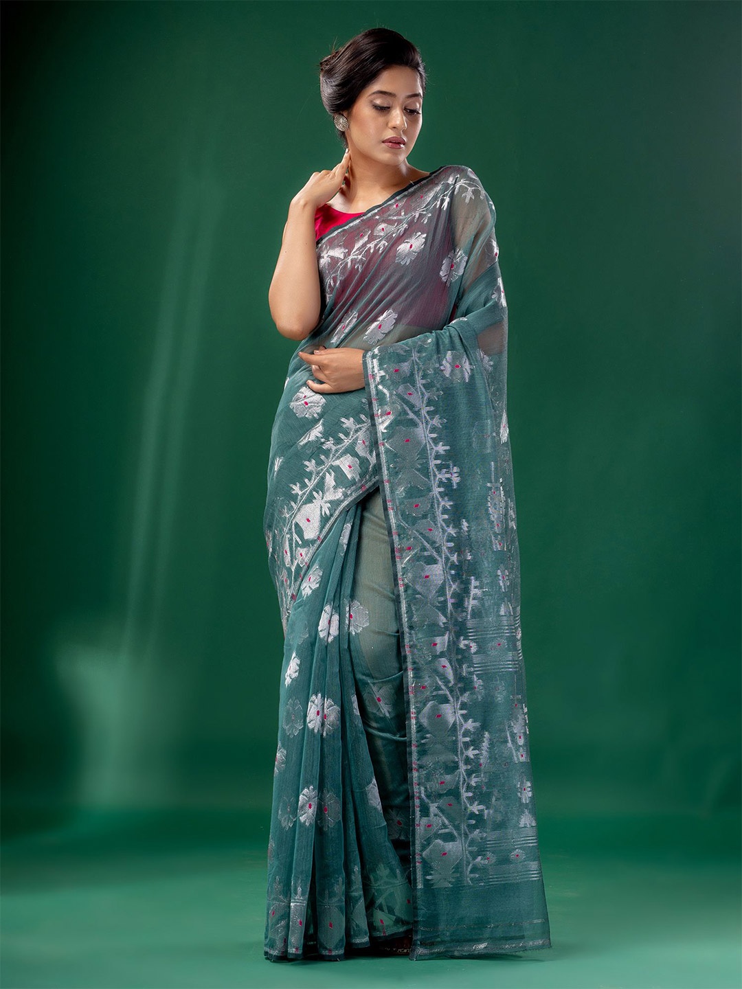 

Charukriti Teal & Silver-Toned Woven Design Silk Cotton Jamdani Saree