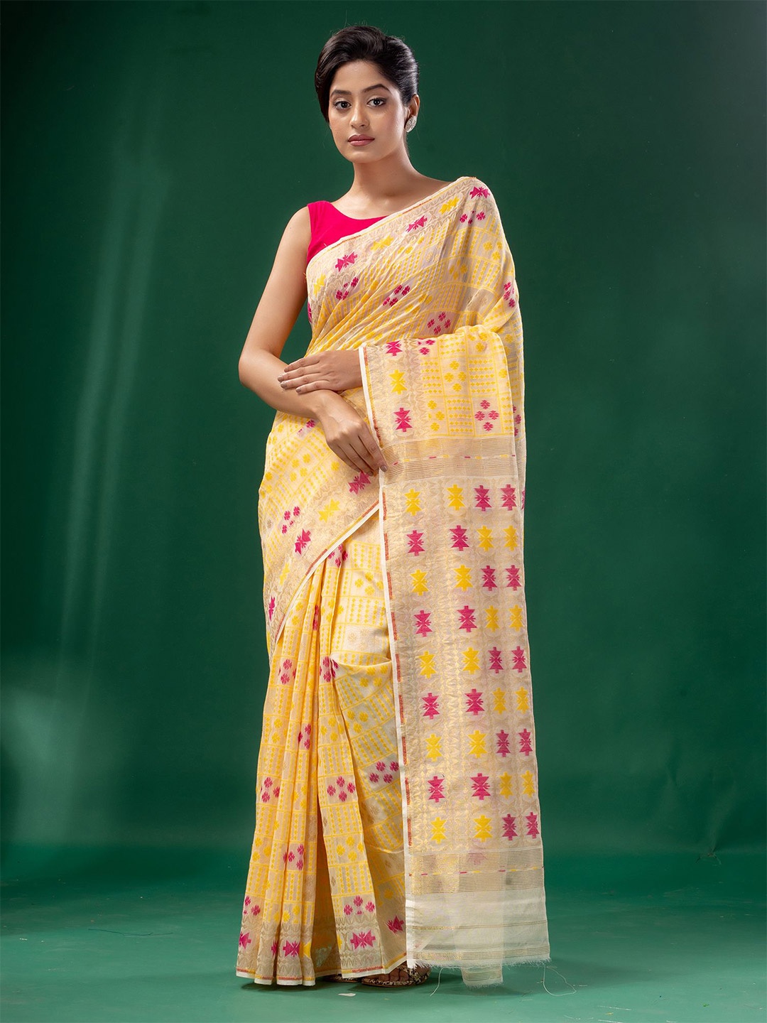 

Charukriti Yellow & Pink Floral Zari Silk Cotton Jamdani Saree