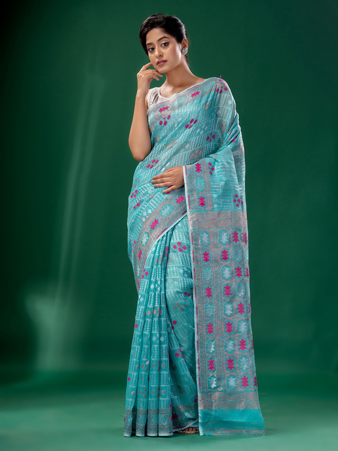 

Charukriti Blue & Pink Woven Design Silk Cotton Jamdani Saree