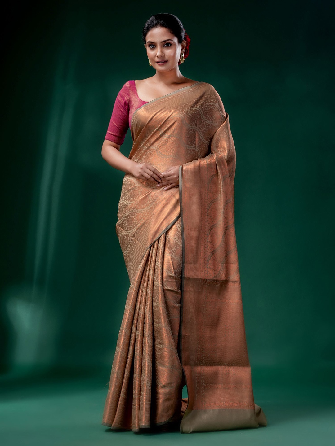 

Charukriti Grey & Gold-Toned Woven Design Zari Brocade Saree