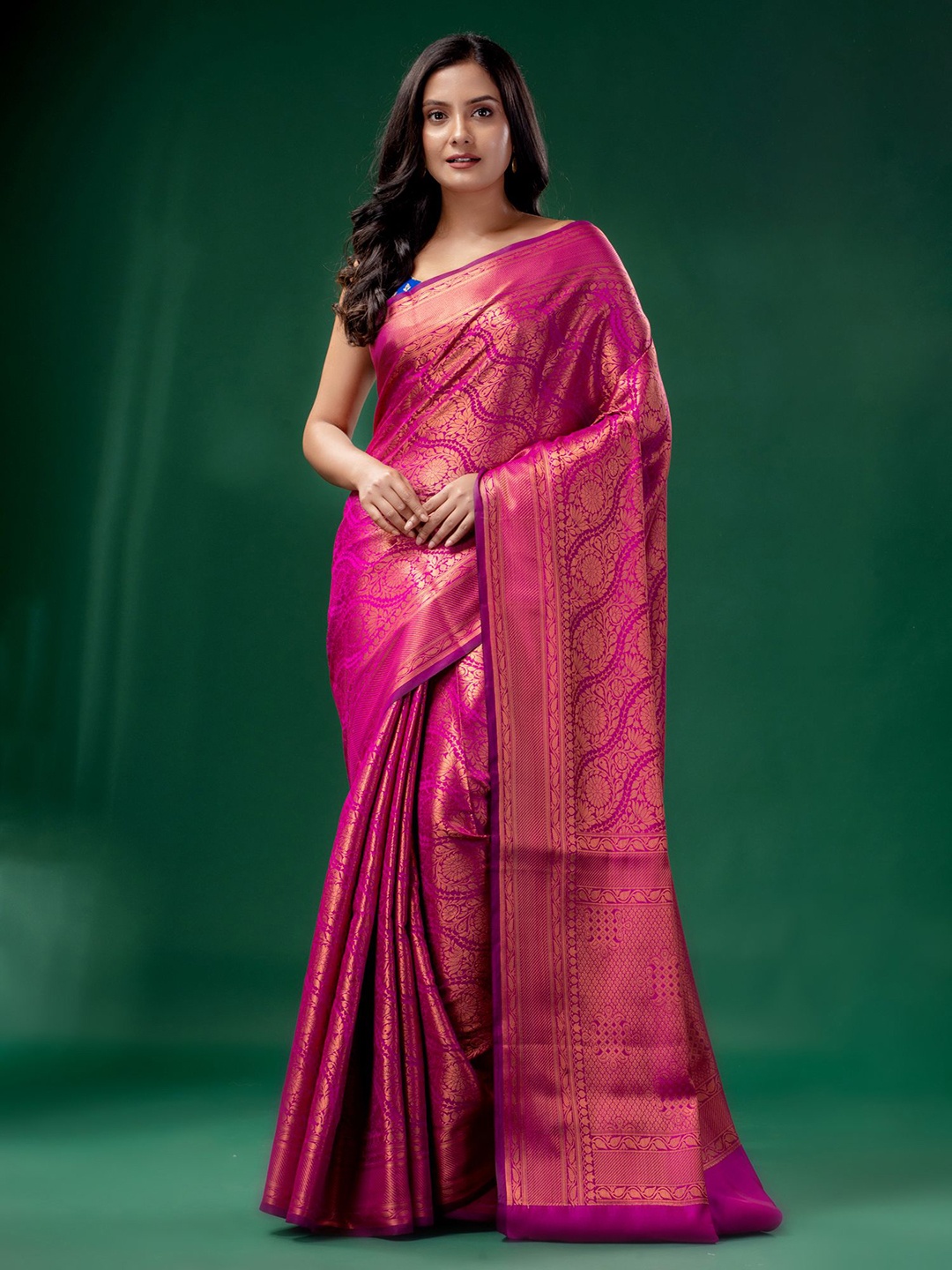 

Charukriti Pink & Gold-Toned Woven Design Zari Brocade Saree