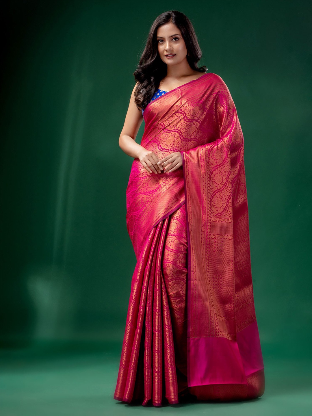 

Charukriti Women Pink & Gold-Toned Woven Design Zari Brocade Saree