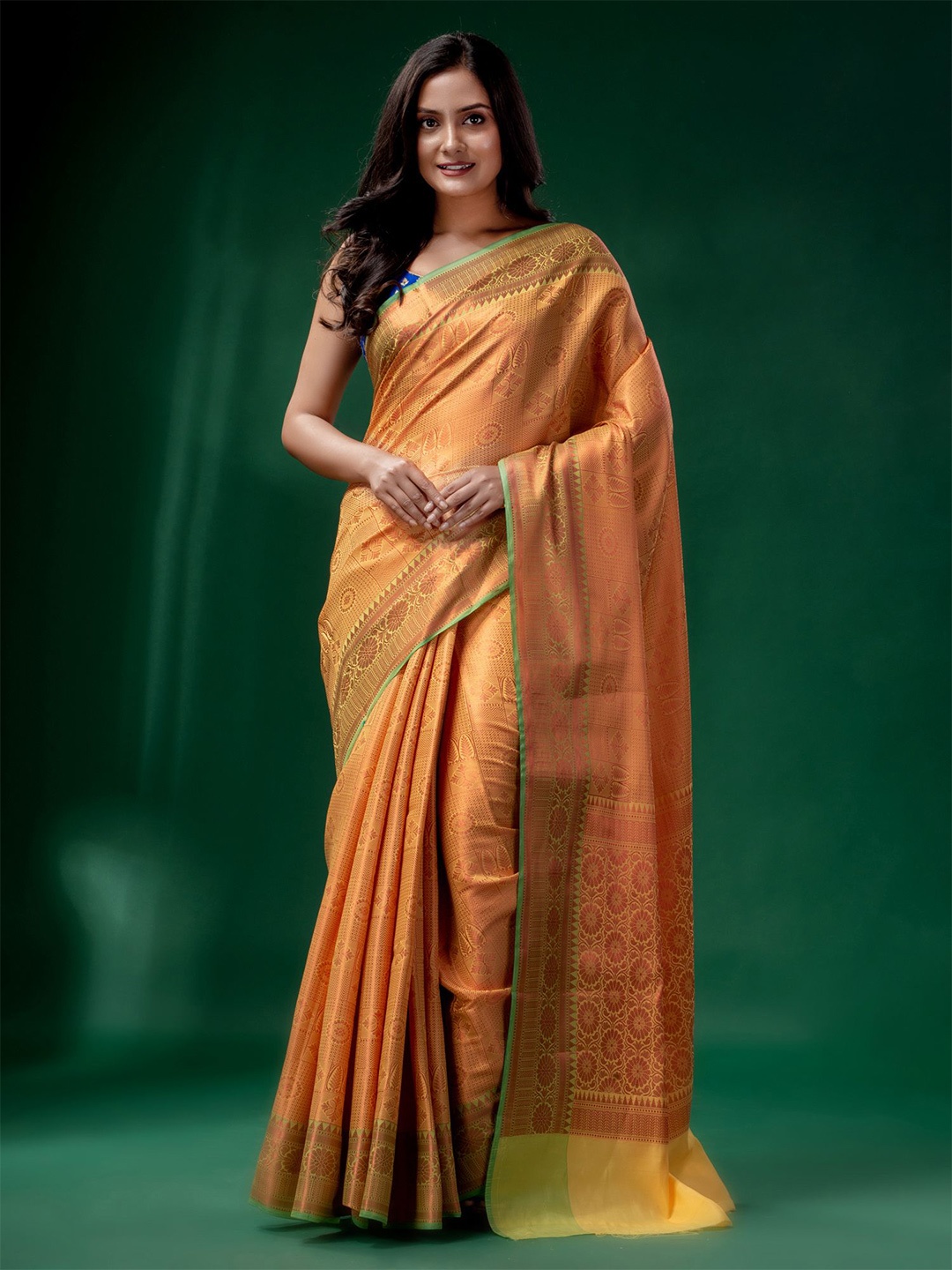 

Charukriti Yellow & Green Woven Design Zari Brocade Saree