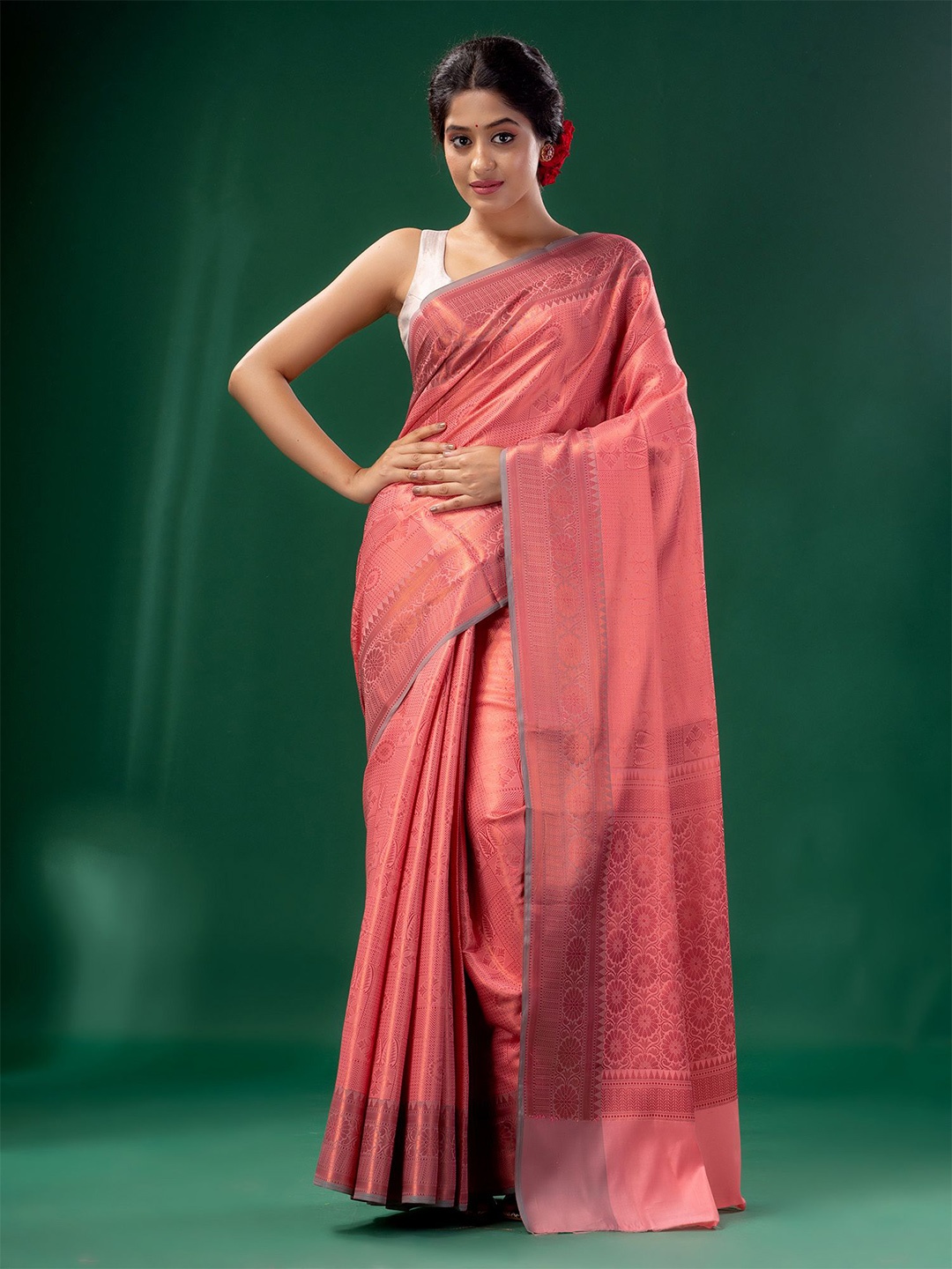 

Charukriti Pink Woven Design Zari Brocade Saree