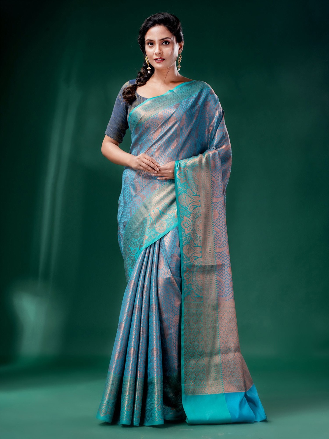 

Charukriti Women Blue & Gold-Toned Woven Design Zari Brocade Saree