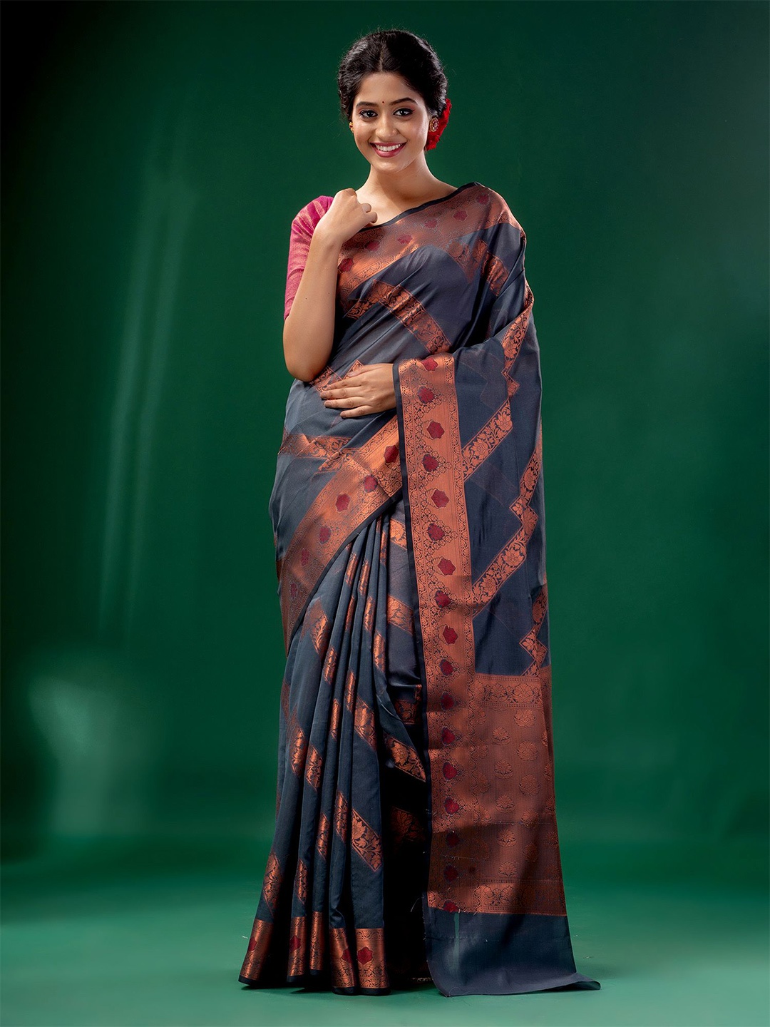 

Charukriti Grey & Orange Woven Design Zari Silk Cotton Saree