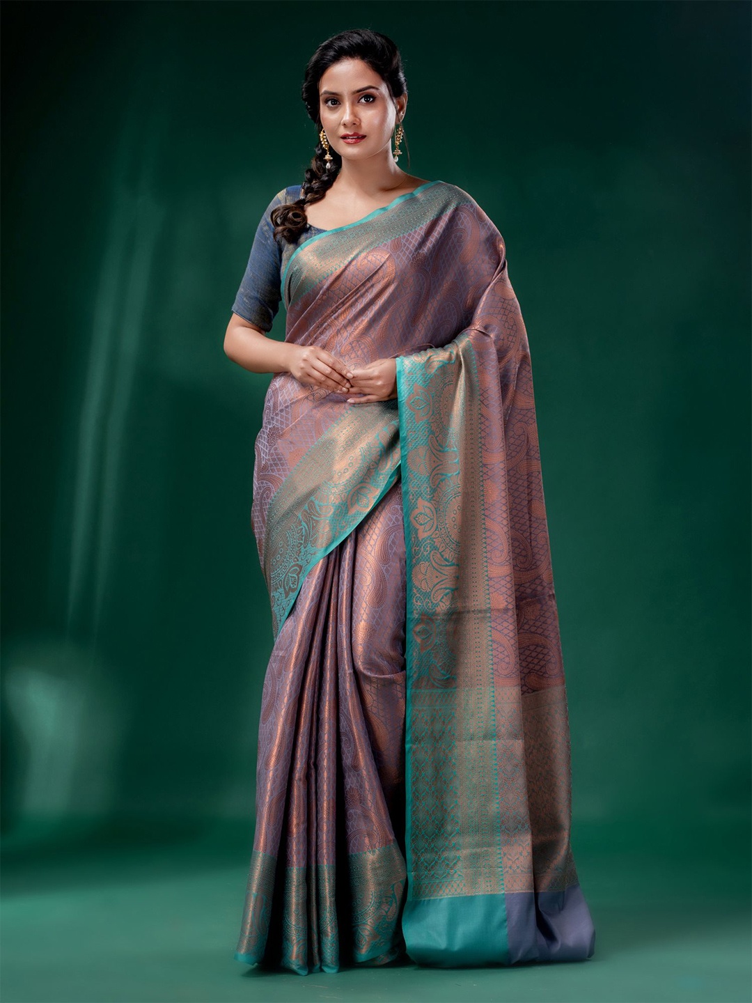 

Charukriti Grey & Blue Ethnic Motifs Zari Brocade Saree