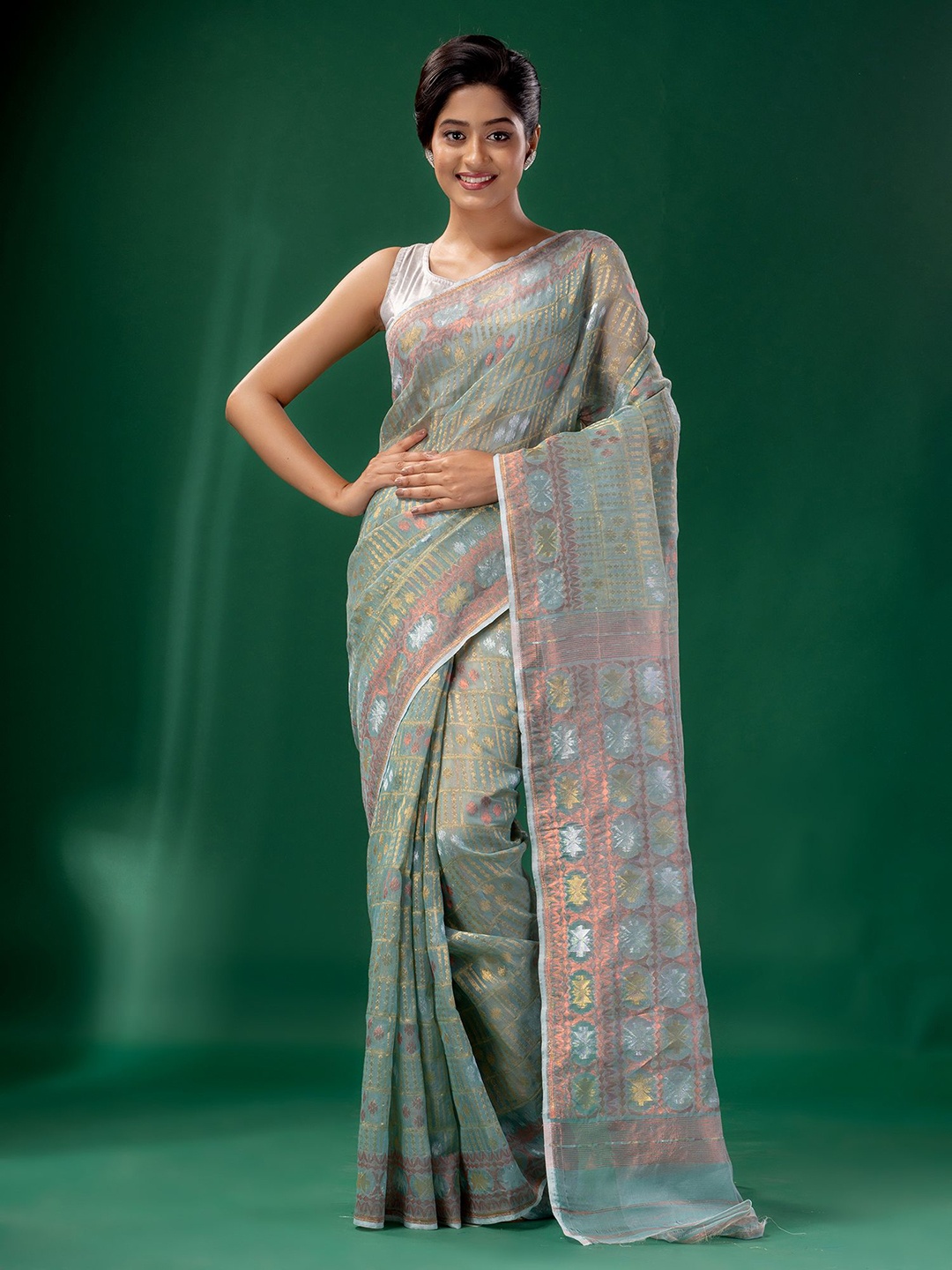 

Charukriti Green & Pink Woven Design Zari Silk Cotton Jamdani Saree