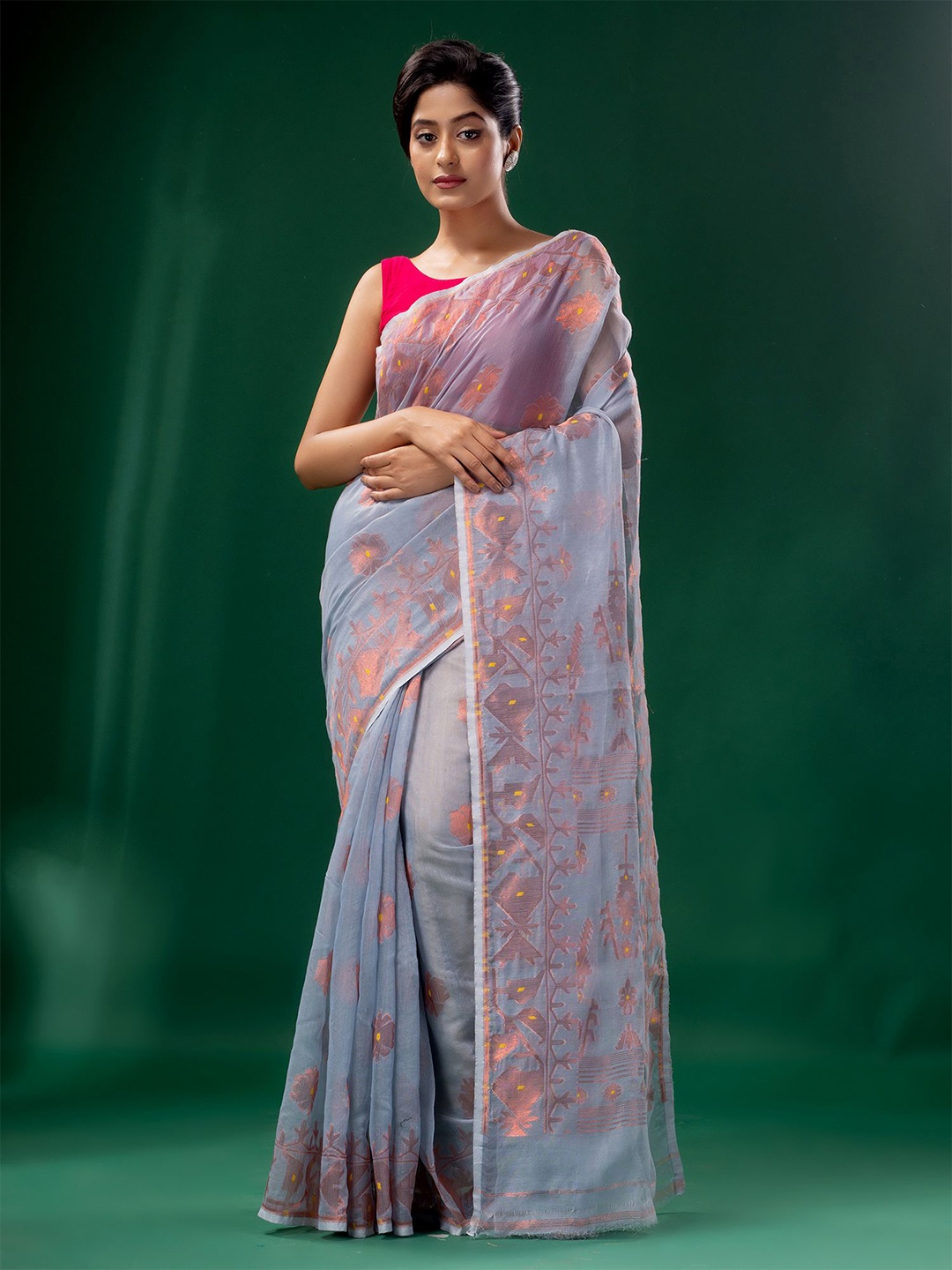 

Charukriti Grey & Gold-Toned Woven Design Zari Silk Cotton Jamdani Saree