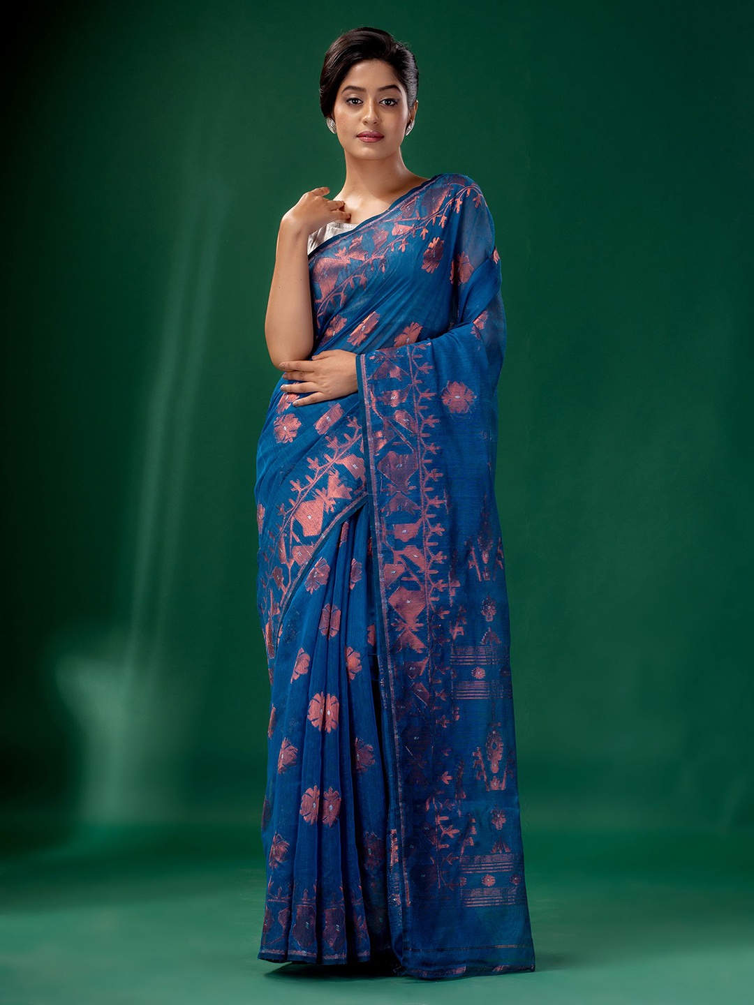 

Charukriti Blue & Pink Woven Design Silk Cotton Jamdani Saree