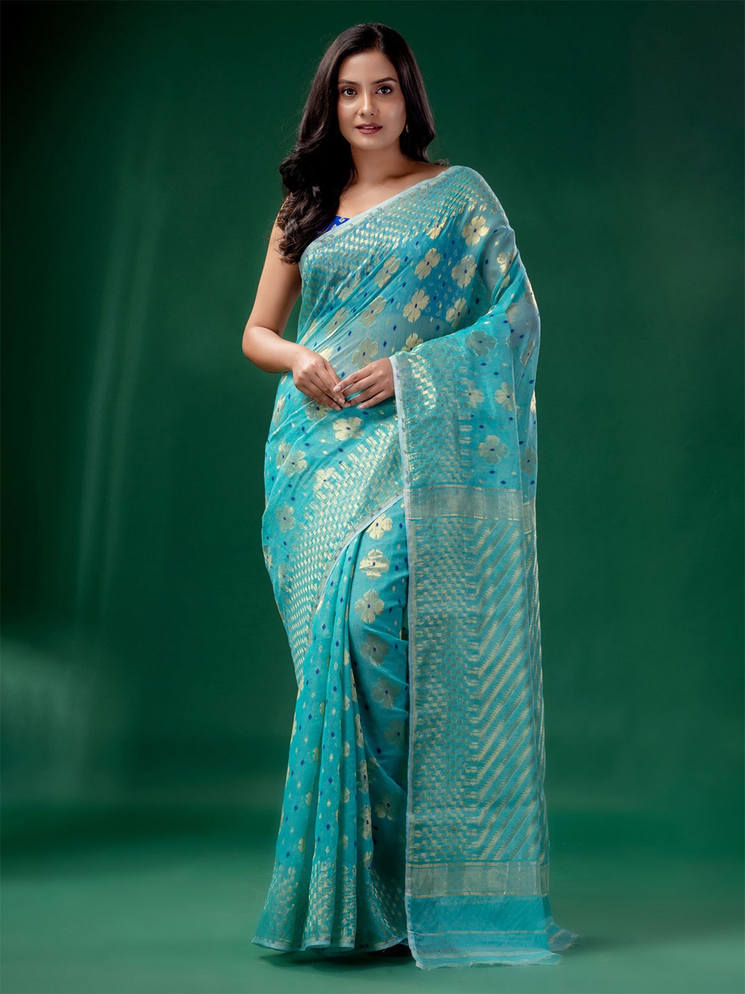 

Charukriti Blue & Silver-Toned Woven Design Zari Silk Cotton Jamdani Saree