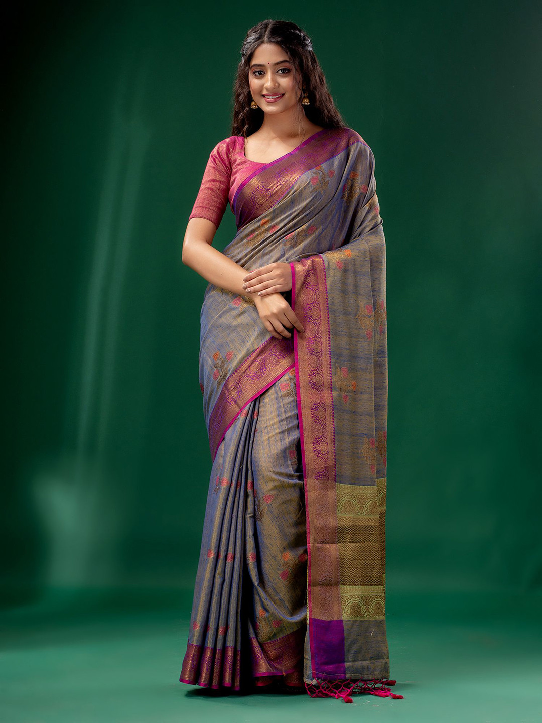 

Charukriti Blue & Purple Ethnic Motifs Zari Pure Silk Tussar Saree