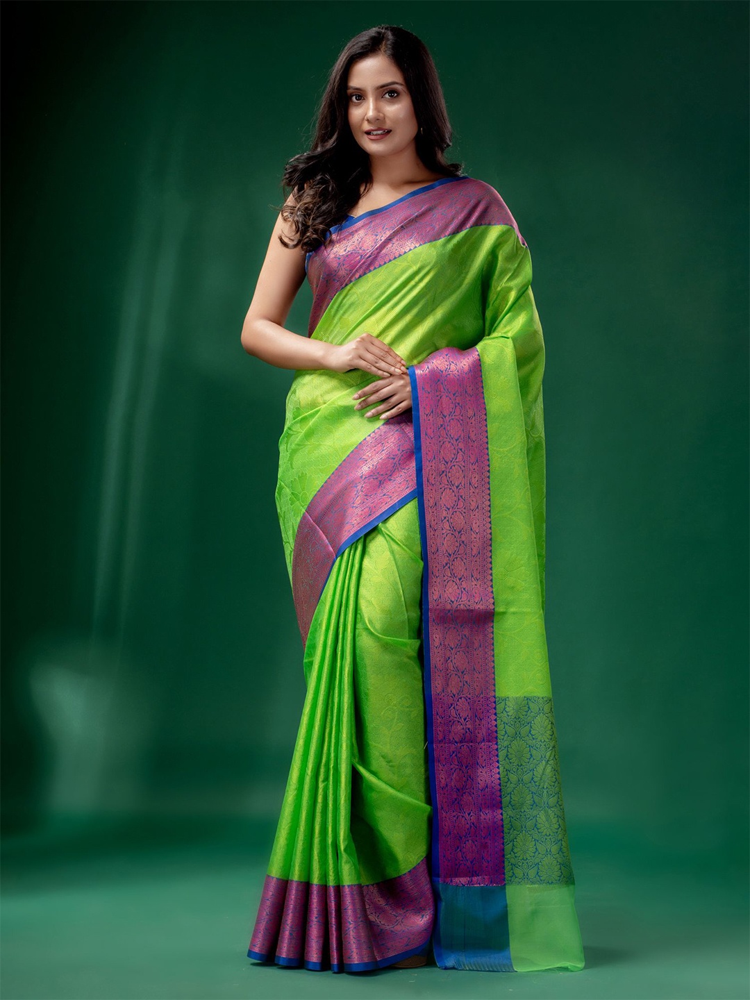 

Charukriti Fluorescent Green & Pink Floral Zari Organza Saree