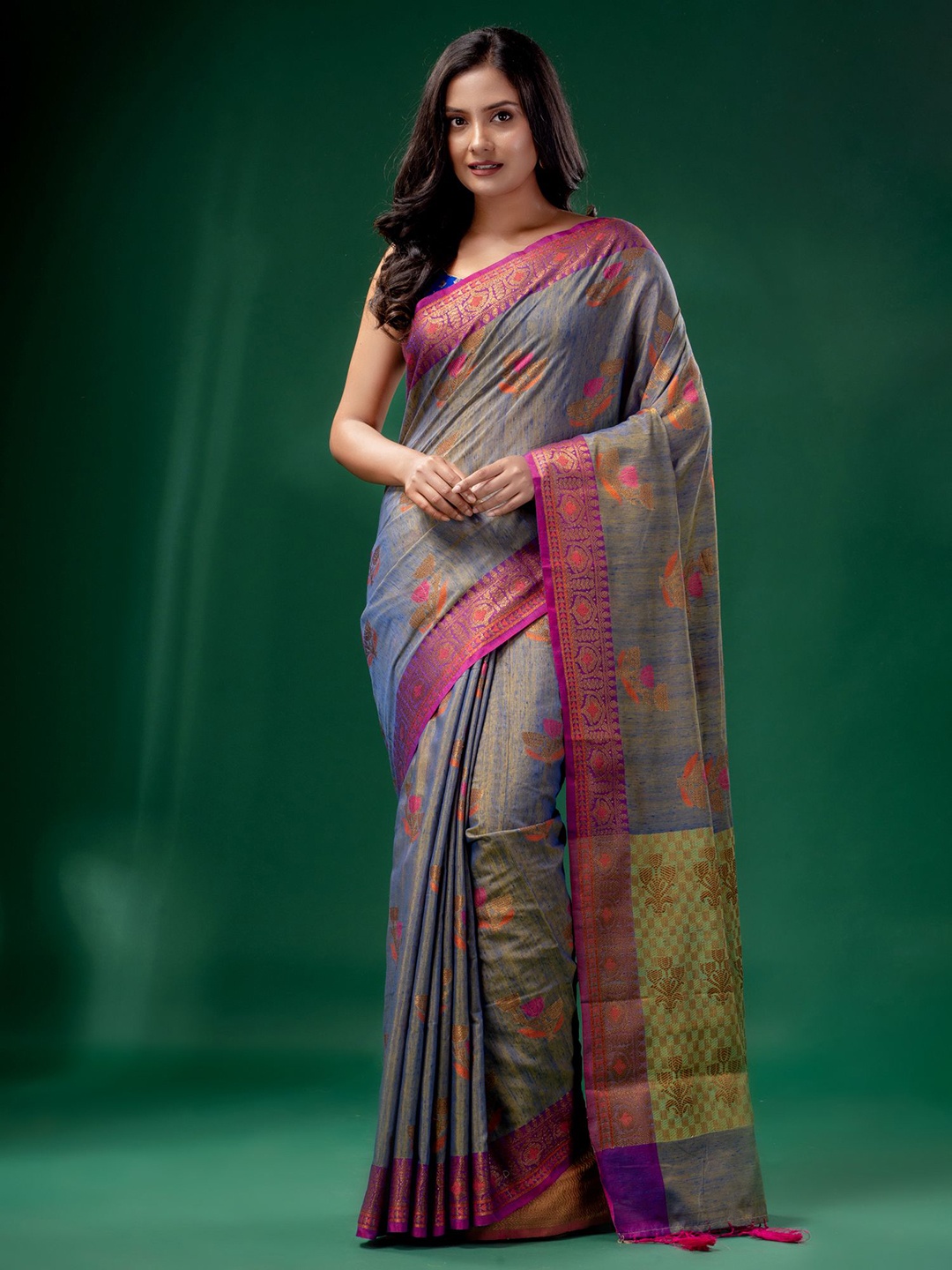 

Charukriti Blue & Purple Woven Design Zari Pure Silk Tussar Saree