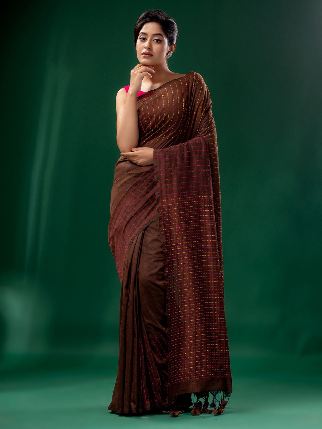 

Charukriti Brown & Gold-Toned Woven Design Zari Pure Cotton Saree