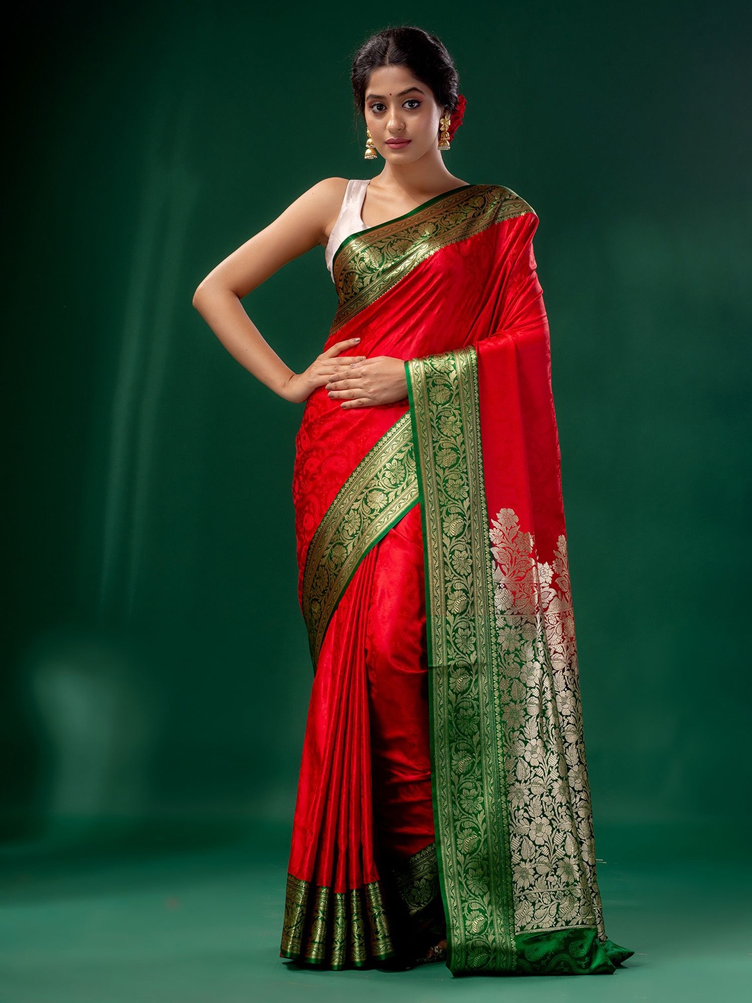 

Charukriti Red & Green Floral Zari Pure Silk Saree