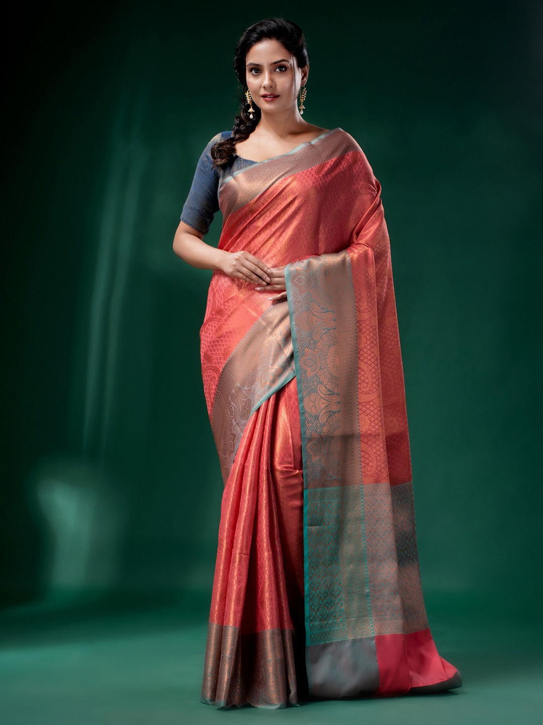 

Charukriti Peach-Coloured & Gold-Toned Woven Design Zari Brocade Saree