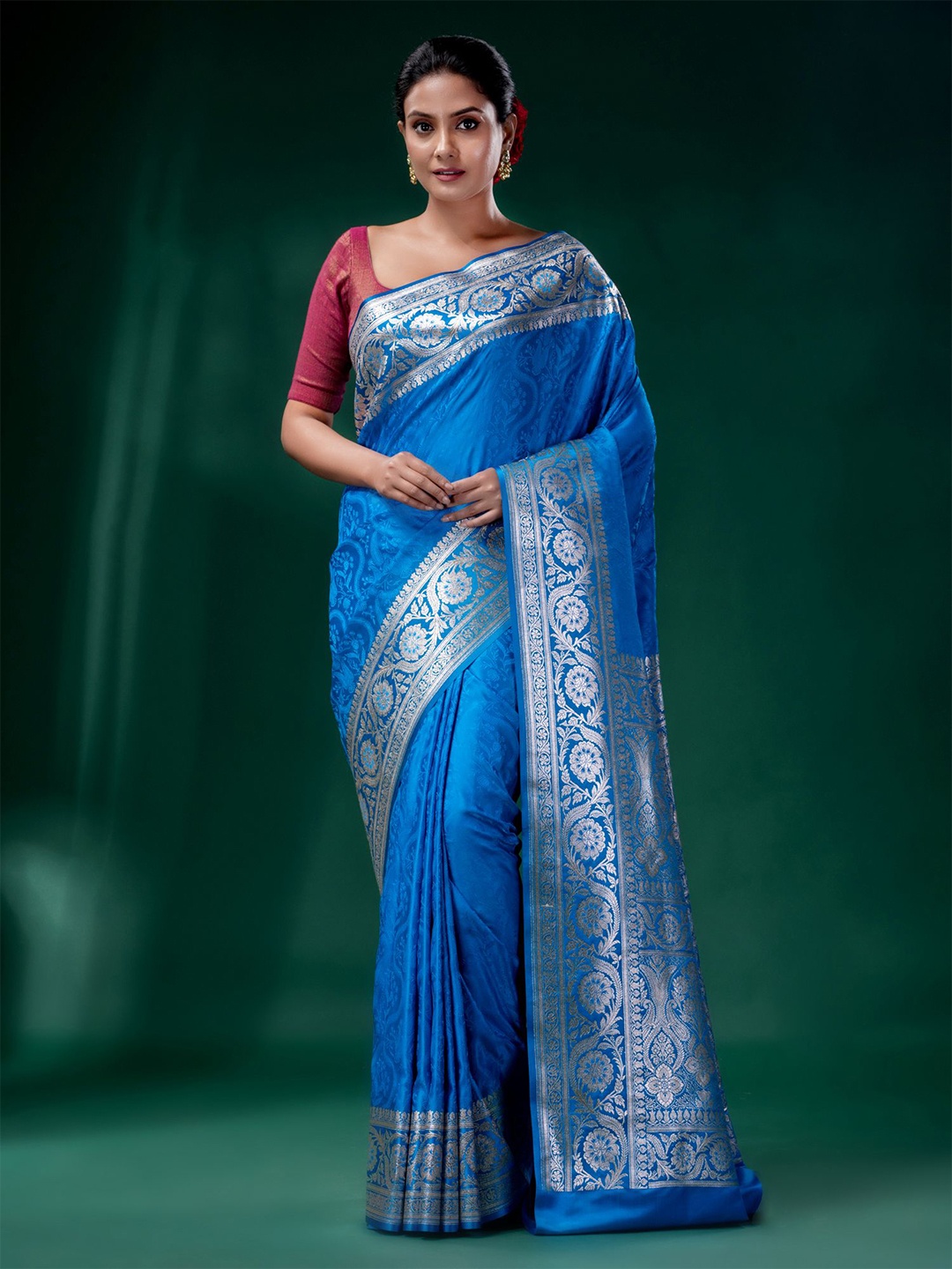 

Charukriti Blue & Silver-Toned Woven Design Zari Pure Silk Saree