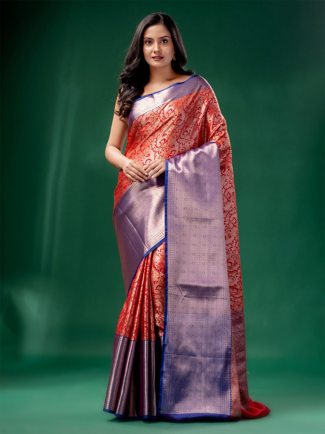 

Charukriti Red & Purple Ethnic Motifs Zari Organza Saree