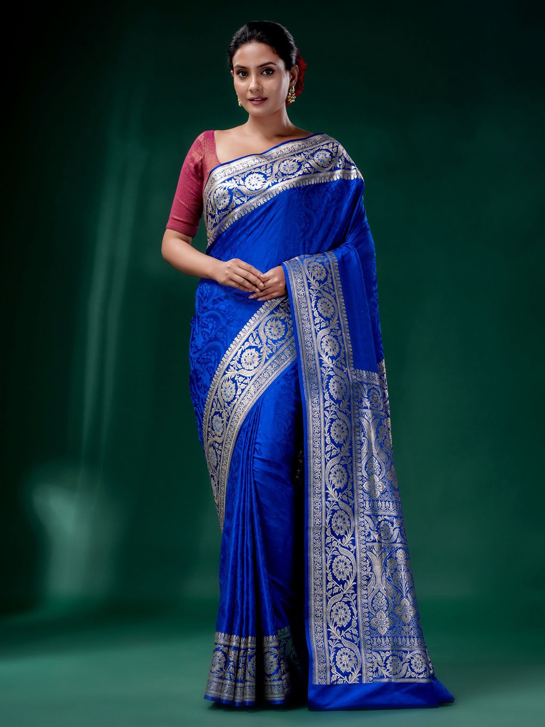 

Charukriti Blue & Silver-Toned Woven Design Zari Pure Silk Saree