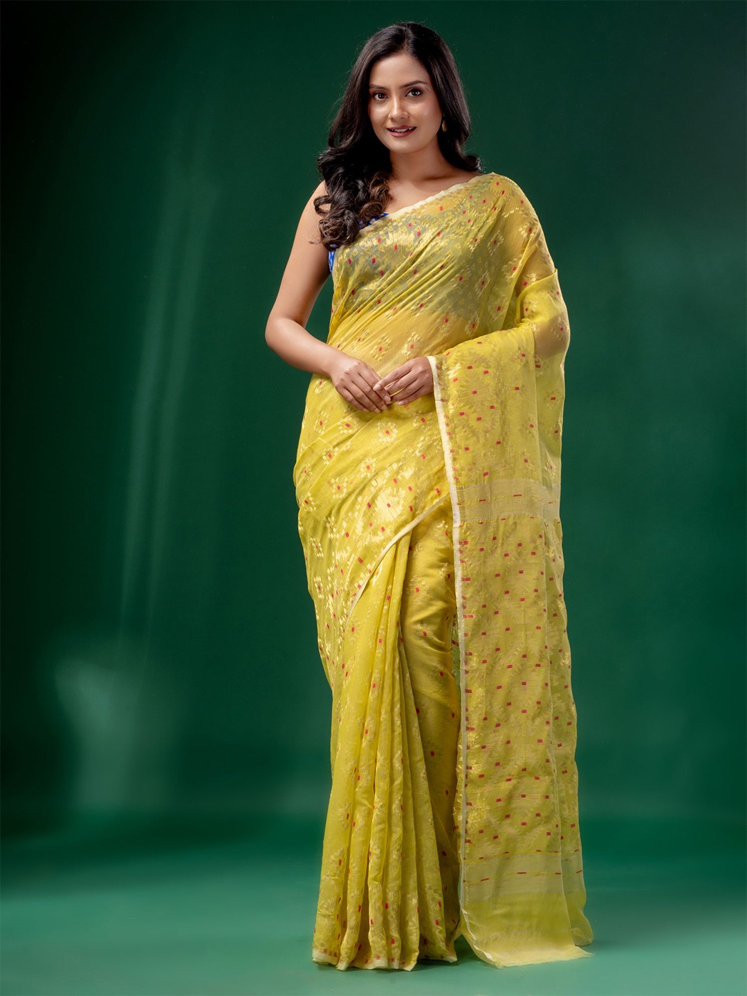 

Charukriti Yellow & Gold-Toned Woven Design Zari Silk Cotton Jamdani Saree