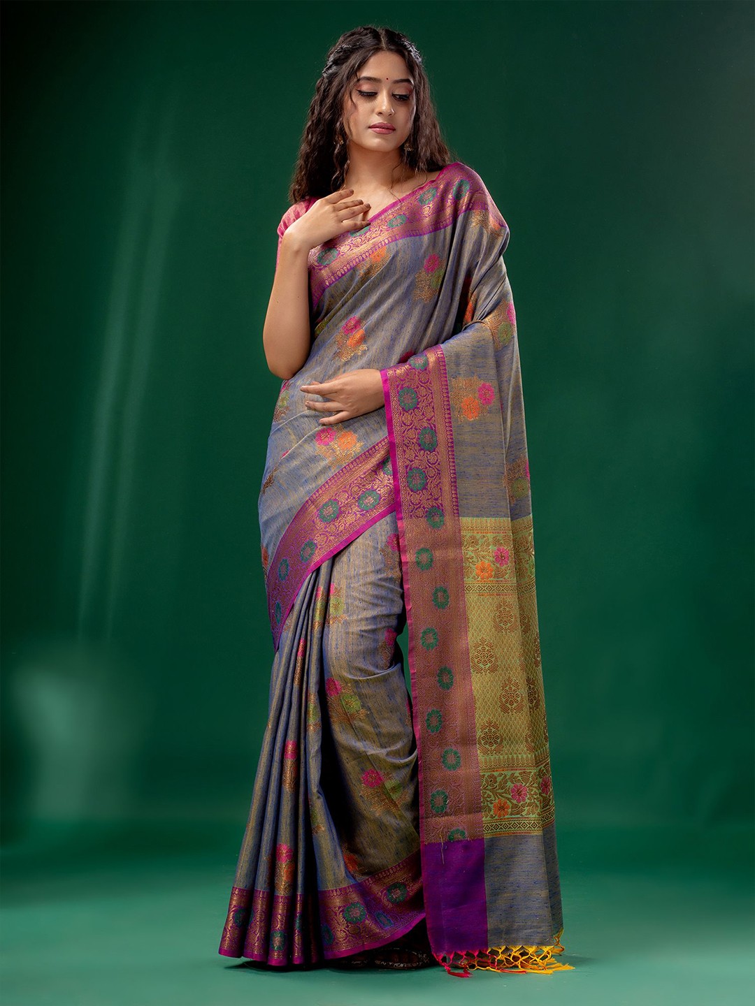 

Charukriti Blue & Magenta Ethnic Motifs Zari Pure Silk Tussar Saree