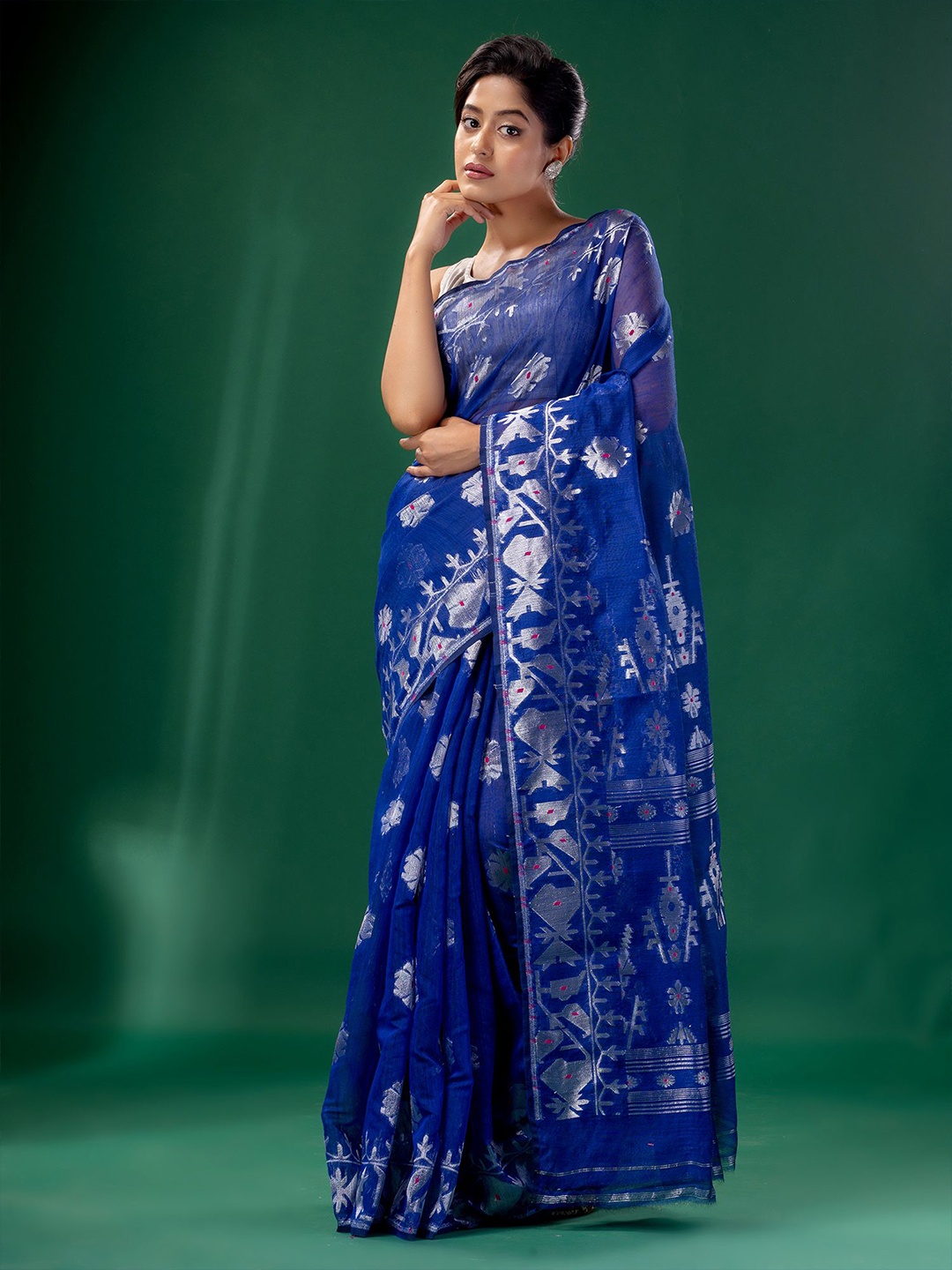 

Charukriti Blue & Silver-Toned Woven Design Zari Silk Cotton Jamdani Saree