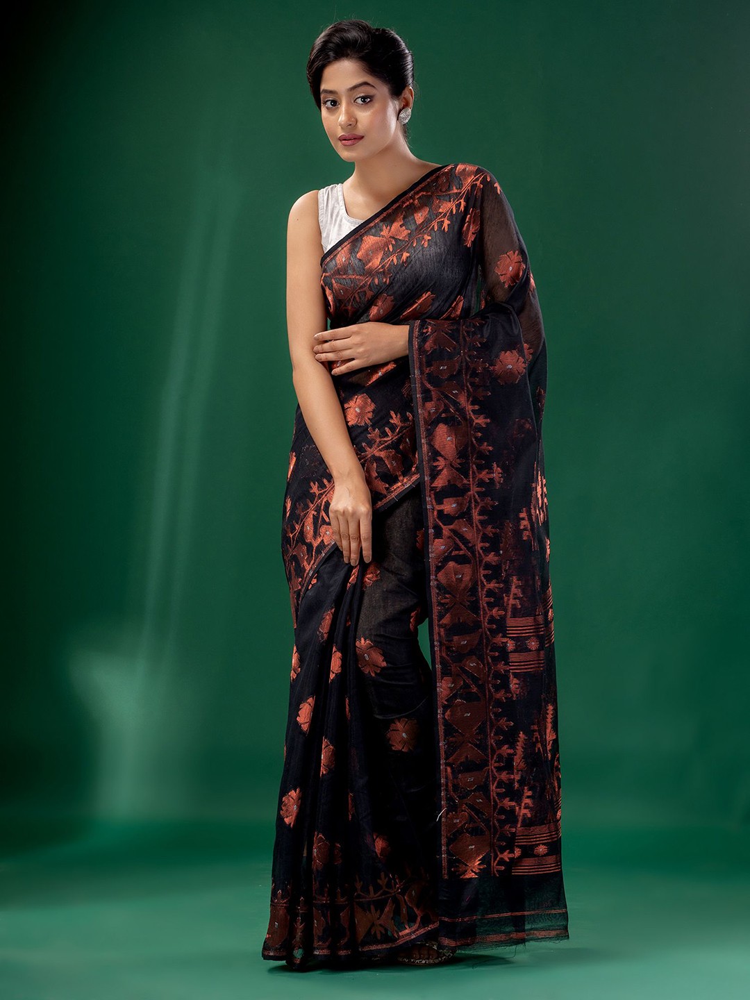 

Charukriti Black & Gold-Toned Floral Silk Cotton Jamdani Saree