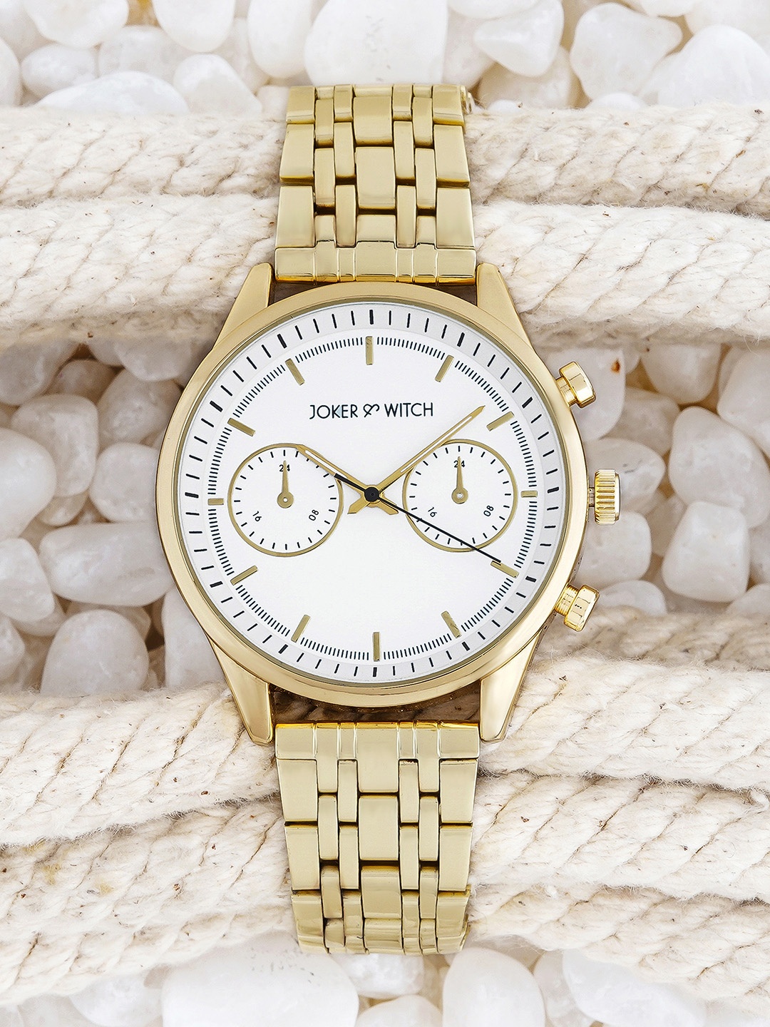 

JOKER & WITCH Men White Embellished Dial & Gold Toned Stainless Steel Straps Analogue Watch