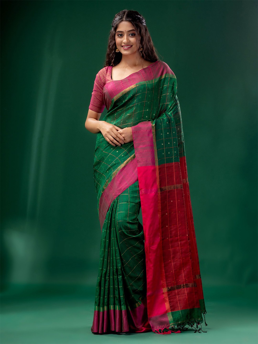 

Charukriti Green & Pink Woven Design Zari Pure Silk Saree